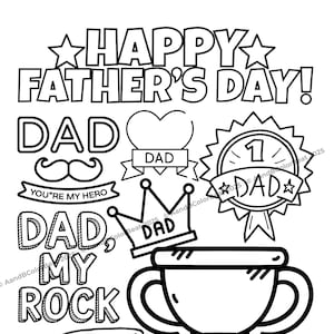 Vaderdagkleurplaat – 'Happy Father's Day' leuke afdrukbare met papa-objecten om in te kleuren voor peuters en kinderen | DIY-vaderdagkaarten
