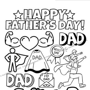 Kleurplaat Vaderdag – afdrukbare 'Happy Father's Day' met leuke papa-objecten om in te kleuren voor kinderen en peuters | DIY-vaderdagkaarten