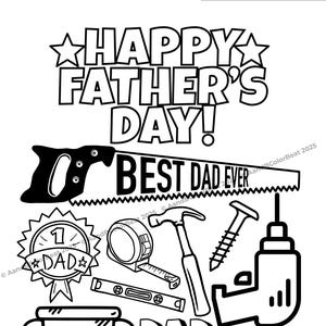 Kleurplaat Vaderdag – afdrukbare 'Happy Father's Day' met leuke papa-tools om in te kleuren voor kinderen en peuters | DIY-vaderdagkaarten