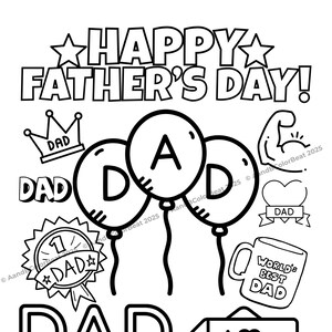 Vaderdagkleurplaat – 'Happy Father's Day' afdrukbare vader met leuke vadervoorwerpen om in te kleuren voor kinderen en peuters | DIY-vaderdagkaarten