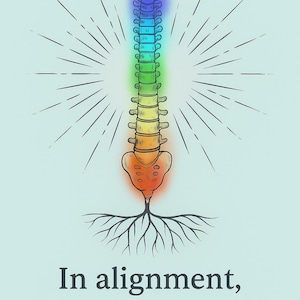 May include: An illustration of a spine with chakra colors, radiating lines, and roots. The text reads "In alignment, I return to myself" with the Instagram handle @innatelyinked.co at the top.