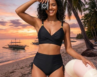 High-Waisted Wrap Bikini-Set mit Rüschen zum Binden | Schicker Criss-Cross Badeanzug für Strand & Pool