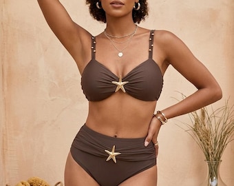 Starfish Charm bikiniset met hoge taille – elegant bruin tweedelig badpak voor strand- en vakantiekleding