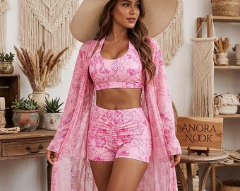 Conjunto de praia de 3 peças com estampa barroca | Biquíni frente única, shorts de cintura alta, cardigã transparente