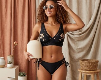 Palm Tree Embroidered Bikini Set – Lace-Up Two Piece Swimsuit – Coastal Collection