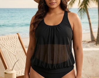 Chic Curves: Black Mesh Layered Tankini Set