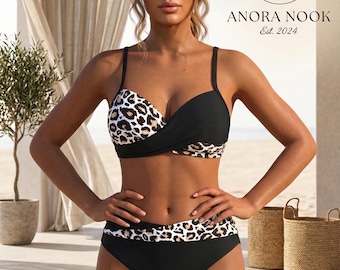 Komplet bikini z przodu w panterkę | Strój kąpielowy z wysokim stanem modelujący brzuch