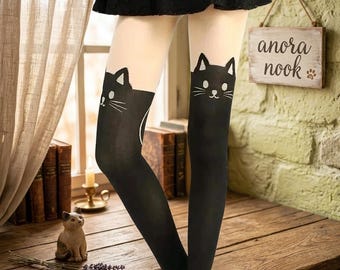 Black Cat Over-the-Knee Stockings – Kawaii Animal Pattern Pantyhose