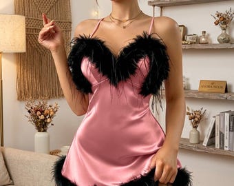 Pink Satin Feather Trim Mini Dress | Y2K Inspired Slip Party Nightgown