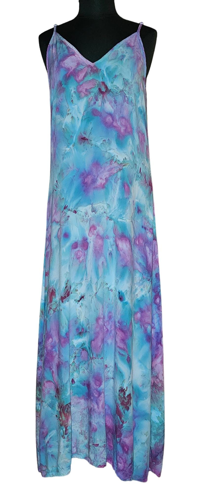 Large Women's Rayon Long Maxi Dress with adjustable straps - ice dyed tie dyed