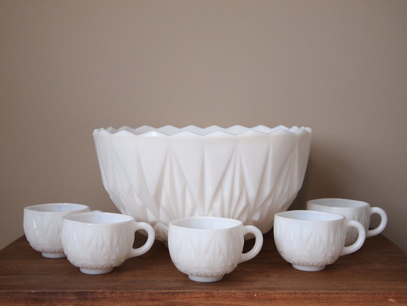 Vintage punch bowl set with 12 cups white milk glass retro Etsy