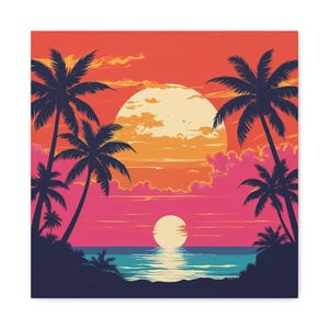 Tropical Sunset Canvas Wall Art, Beach Decor, Gift for Home, Vacation Vibes, Summer Decoration, Palm Tree Painting, Colorful Art
