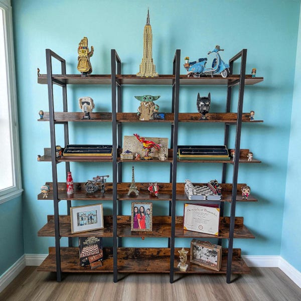 Triple Wide Industrial 6-Tier Bookcase – Home Office Display Shelf