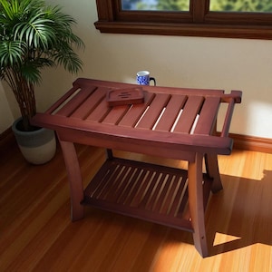 Teak Shower Chair Stool, 24 Inch Shower Bench Seat, Wooden Bathroom Bench with Storage Shelf