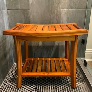 Teak Shower Bench Seat with Handles – Portable Wooden Spa Bath Stool with Storage Shelf for Towels & Bath Essentials