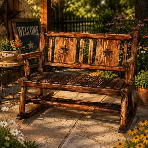 Outdoor Wooden Double Outdoor Rocking Bench, Patio Rocker 2 Persons