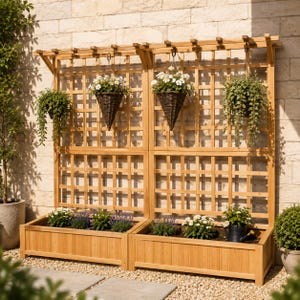 May include: Wooden trellis with built-in planters and hanging baskets. The trellis features a grid pattern and is made of light-colored wood. The planters are filled with various flowers and plants, and the hanging baskets contain white flowers.