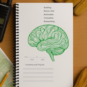 May include: A white spiral-bound notebook with a green brain graphic and the words "Building, Resour eful, Actionable, Innovative, Networking." Also visible are a walkie-talkie, a map, a pencil, and yellow work gloves.