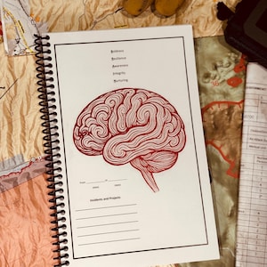 May include: A spiral-bound notebook with a red brain illustration and the words "Boldness, Resilience, Awareness, Integrity, Nurturing." The notebook also includes sections for dates and "Incidents and Projects." The notebook is open on a map.