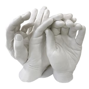 May include: A white sculpture of two sets of hands clasped together. The hands are intricately detailed, with visible fingers and skin texture. The sculpture is a solid, opaque white, with a smooth surface.
