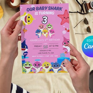 Verjaardagsuitnodiging babyhaai meisje | Roze babyuitnodiging haaienfeestje| Bewerkbare digitale download| Verjaardagsuitnodiging haai| 1e tot 3e verjaardag