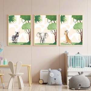 Safari Nursery Wall Art Set of 3 – Jungle Baby Animal Prints, Baby Room Decor – Zebra, Elephant & Giraffe – Neutral Safari Nursery Prints