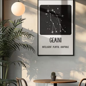 Gemini Zodiac Sign Printable Wall Art – Modern Astrology Digital Download, Black and White Constellation Poster for Bedroom, Office or Gift