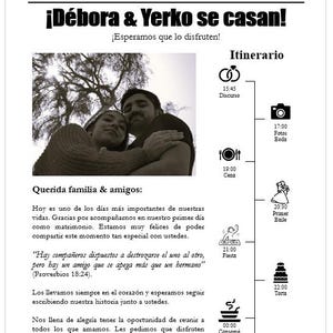 Może przedstawiać: Ogłoszenie o ślubie zatytułowane "The Wedding Times" z imionami Débora & Yerko. Ogłoszenie zawiera zdjęcie pary, harmonogram i wiadomość do rodziny i przyjaciół. Data to sobota, 7 grudnia 2024 r.