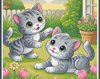 Gray Kittens Playing Vol. 5 Cross Stitch Chart