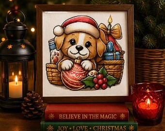 May include: A framed cross-stitch artwork featuring a tan puppy wearing a red Santa hat, holding a red Christmas ornament, sitting in a basket with gifts, holly berries, and a candle. The frame rests on two books labeled Believe in the Magic and Joy Love Christmas.