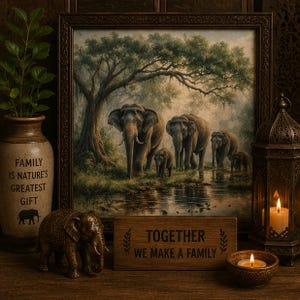 May include: A framed painting of a herd of elephants in a forest by a stream, a vase with the text FAMILY IS NATURE'S GREATEST GIFT, a small elephant figurine, a wooden sign with TOGETHER WE MAKE A FAMILY, and a metal lantern with a lit candle.