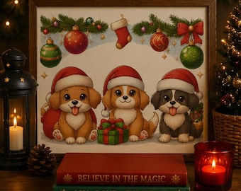 May include: A framed illustration featuring three puppies wearing red and white Santa hats, positioned beneath hanging Christmas ornaments and a stocking. The puppies are sitting with a gift box. The frame rests on two books with the text BELIEVE IN THE MAGIC and JOY LOVE CHRISTMAS.
