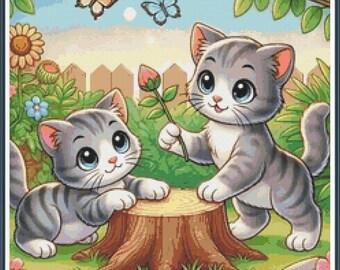 Gray Kittens Playing Vol. 4 Cross Stitch Chart
