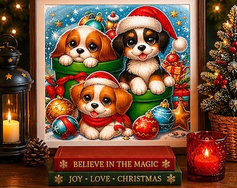 May include: A framed illustration of three puppies in Christmas hats and green gift boxes, surrounded by ornaments and stars. Below the frame are two books with the text BELIEVE IN THE MAGIC and JOY LOVE CHRISTMAS, flanked by a lantern and a candle.