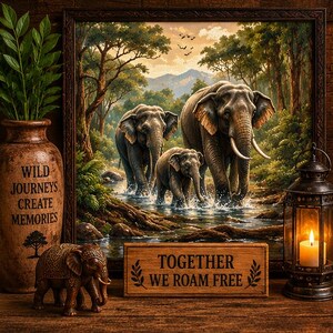 May include: A framed wall art print depicting two adult elephants and one calf walking through a forest stream. The scene includes a brown vase with the text WILD JOURNEYS CREATE MEMORIES, a small elephant figurine, and a sign reading TOGETHER WE ROAM FREE.