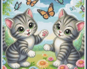 Gray Kittens Playing Vol. 3 Cross Stitch Chart