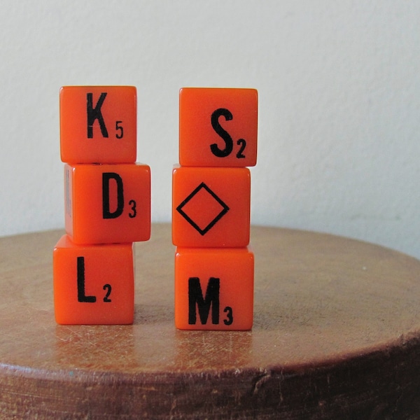 Orange Dice Letter Number Cubes Vintage Dice Word Game Scrabble Letter Alphabet Game Pieces Black Letters Very Orange DIY Jewelry Crafts Art