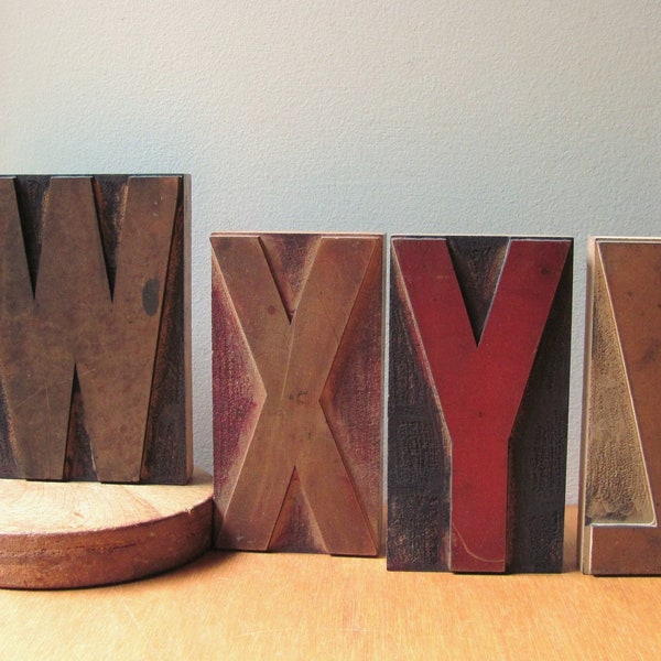 GROTE printerblokletters W X Y Z hoog 6" boekdruk houten stempel alfabet houtsoort afdrukken eerste bloknaam grote print bruine inkt rood