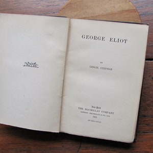 Vintage George Eliot Book by Leslie Stephen 1902 First Edition Rare Biography Novels Literature MacMillan English Men Letters Virginia Wolff