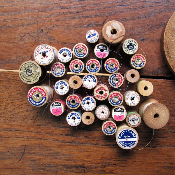 34 Vintage Spools Thread Wooden Spools J P Coats Clarks Meyer Talon Lg & Sm Sewing Thread All Wood Spools Notions Craft Supplies Buttons Art