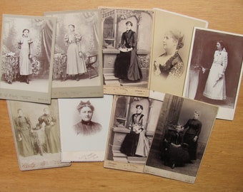 9 Photographs Women Ladies Sisters Girls Pictures Photos Vintage Portrait Antique Cabinet Card Diploma Flowers Buttons Bow Pearls Standing