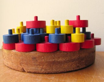 Booby Trap Game Pieces 38 Wooden Circles Wood Round Tokens Replacements Parker Brothers Red Blue Yellow Top Peg Vintage Art One False Move