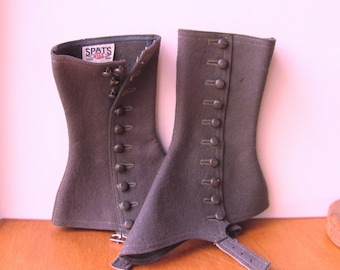 SPATS Wool Felt Shoe Covers High Boot Toppers Tall 11 Original Buttons Gray Brown Metal Buckle Leather Strap Size 6 Spats Tag Vintage Shoe