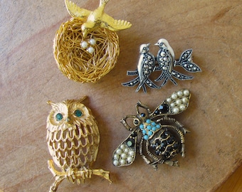 4 Vogels Uil Bee Pins Faux Parel Strass Marcasiet Nest Broche Napier Sieraden Gold Tone Wire Vintage Jurk Blouse Jas Jas decor Kunst