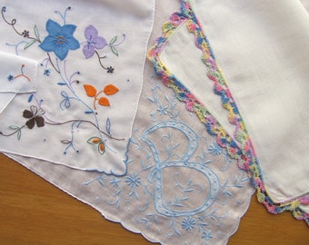 3 Handkerchiefs Monogram B Applique Crochet Flowers Ladies Hankies Cotton Embroidered Letter Floral Blue Pink Purple Yellow Mothers Day Gift