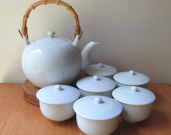 Tetera china de 6 tazas con tapa, color blanco, mango de bambú, juego original de Chinatown, Nueva York, años 60, para la cocina, el té, el desayuno y el comedor, estilo vintage.