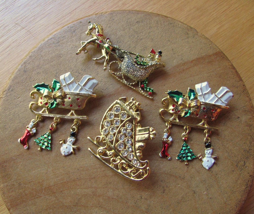4 Sleigh Ride Pins Christmas Holiday Rhinestone Horse Dangle Charm ...