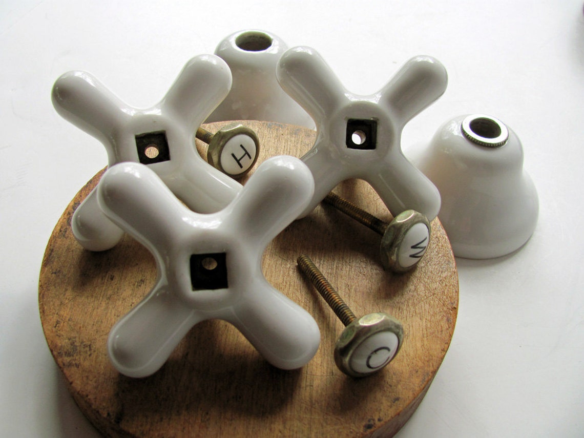 Vintage Porcelain Bathroom Sink Faucet Handles Base Mounts Etsy