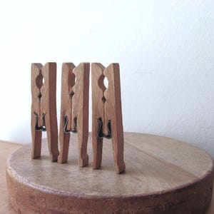 May include: Three light brown wooden clothespins standing upright in a row. Each clothespin features a natural wood grain texture, a central circular cutout, and a silver-colored metal spring mechanism connecting the two wooden pieces together.