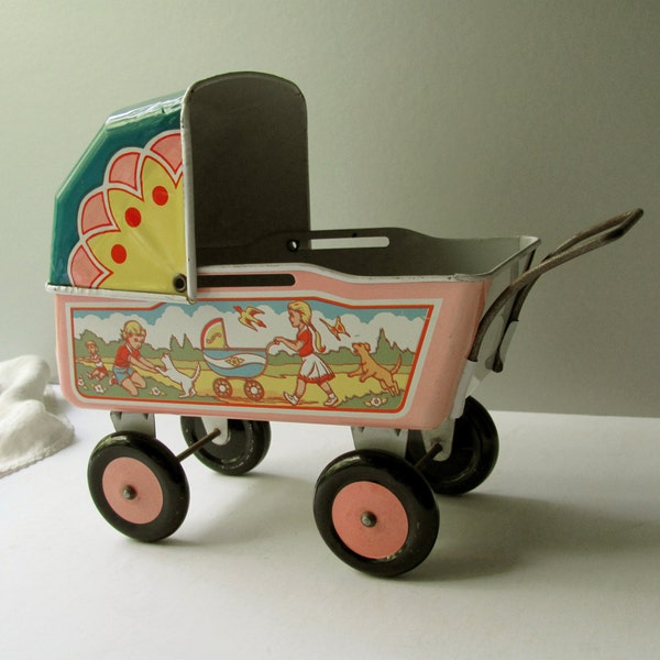 Vintage Toy Doll Buggy Carriage Stroller Tin Metal Graphics Sliding Bonnet Hood Pram Baby Doll Play Display Prop Girl Toy Great Condition